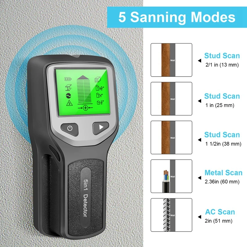 5-In-1 Studs Metal Detector Wall Scanner AC Wood Finder Cable Wires Depth Tracker Electric Box Finder Wall Detector Durable A