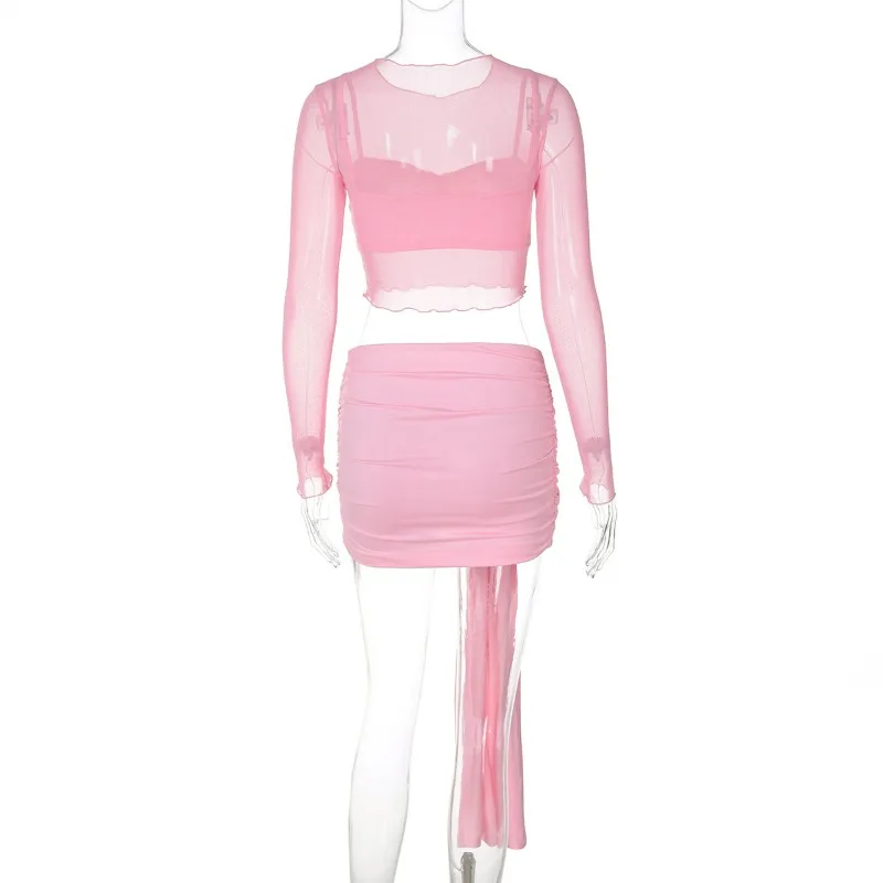 Casual See-Through 3 Piece-Set Skirt Female Pleated Long Sleeve Cropped Top And High Waist Skirt Sets Women's Outfits