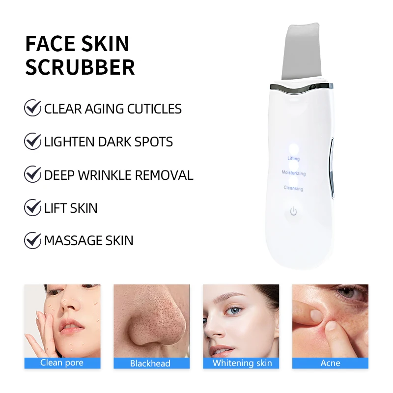 Ultrasonic Face Scrubber Facial Peeling Skin Scrubber Deep Facial Cleaning Spatula Acne Pore Ultrasonic Cleanser