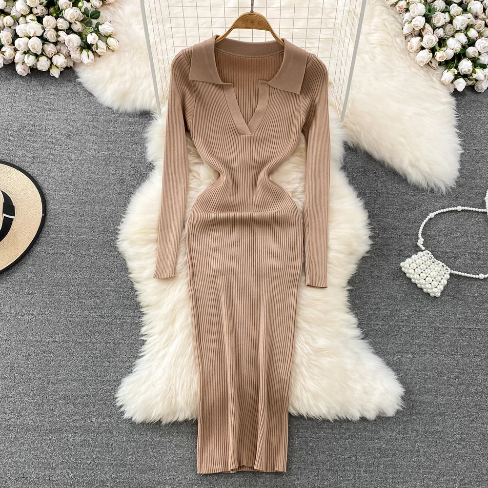 

French Retro V Neck Bottoming Maxi Sweater Robe Winter Knitted Dress Women Bodycon Ribbed Streetwear Long Sleeve Midi Vestido