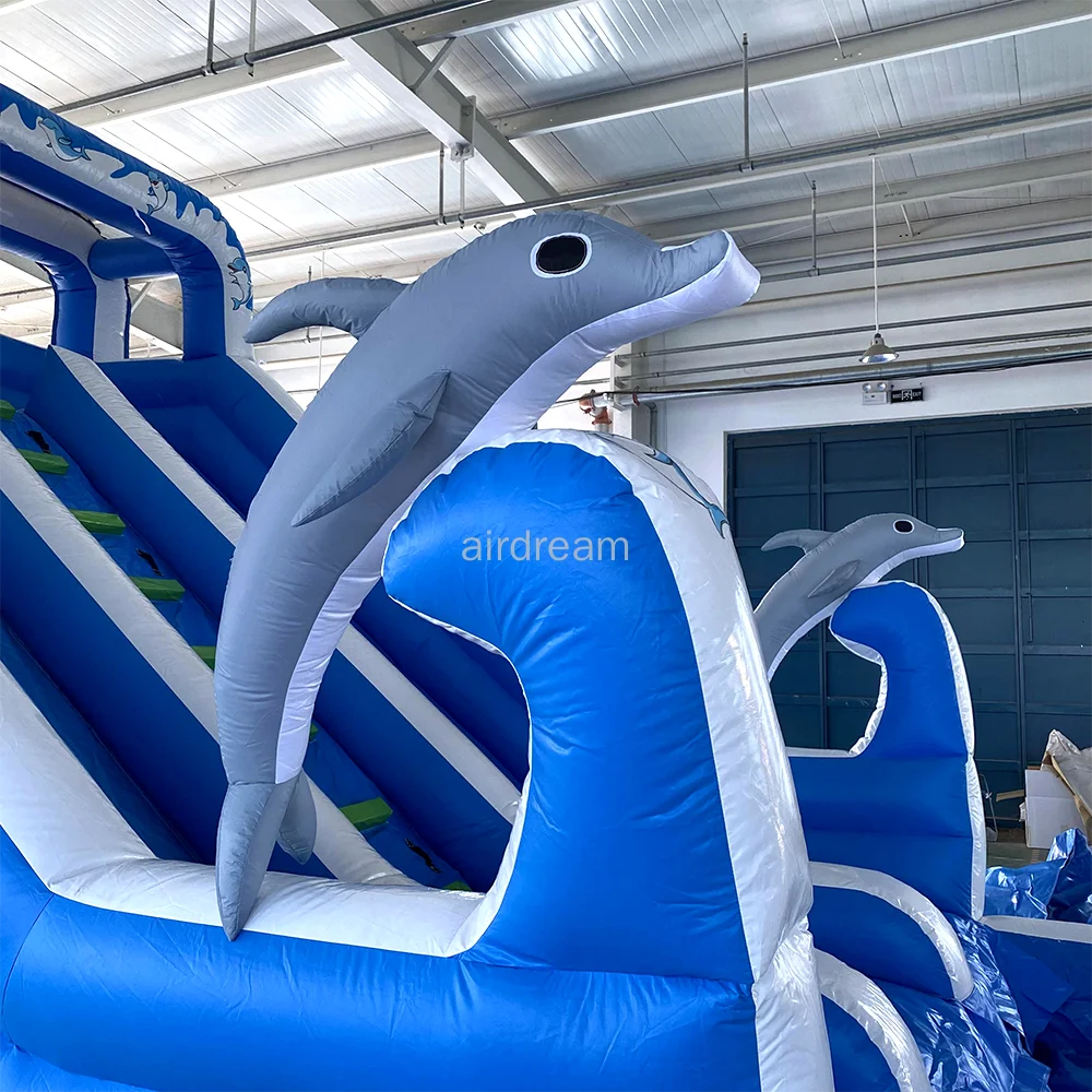 Free air shipping Giant blue Inflatable double Water Slide Dolphin Pool Slide Inflatable bounce house With Pool For Adult kids 6