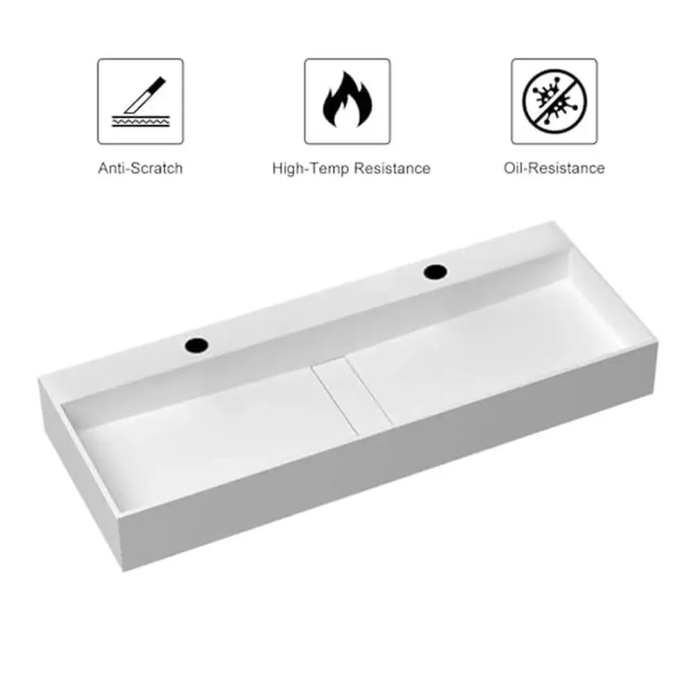 Modern Wall Mount Bathroom Sink Matte White Stone Resin Floating Vanity Sink 47" Double Bowl Trough Sink 6