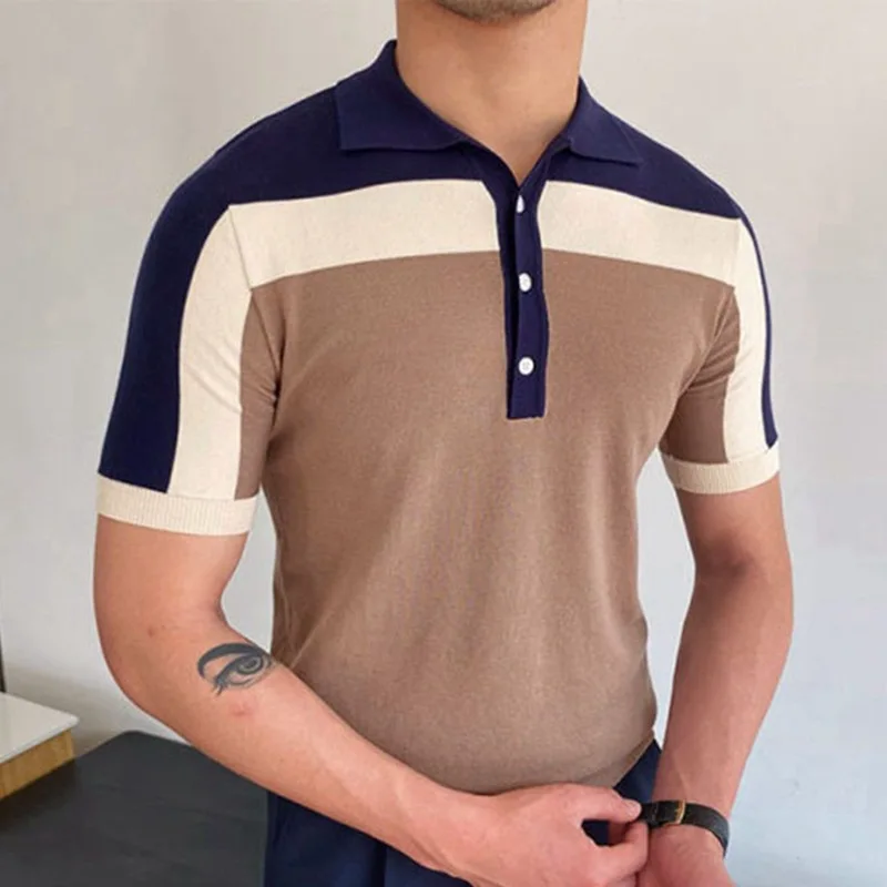 

Men's color Contrast Panel Short Sleeve Polo Shirt Fashion Patchwork Lapel Slim Tops Pullover Summer Men's Casual Turndown Knit