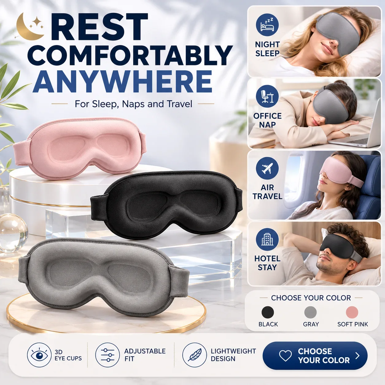Enhanced Memory Foam 3D Sleep Mask - Light-Blocking Contoured Eye Cover with Adjustable Strap for Ultimate Comfort
