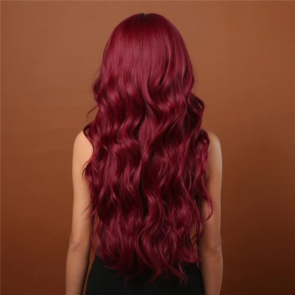Pelucas de color rojo vino para mujeres, pelucas largas onduladas color burdeos con flequillo, peluca de uso diario para fiestas de cosplay, peluca de pelo sintético de alta temperatura_voghion.com