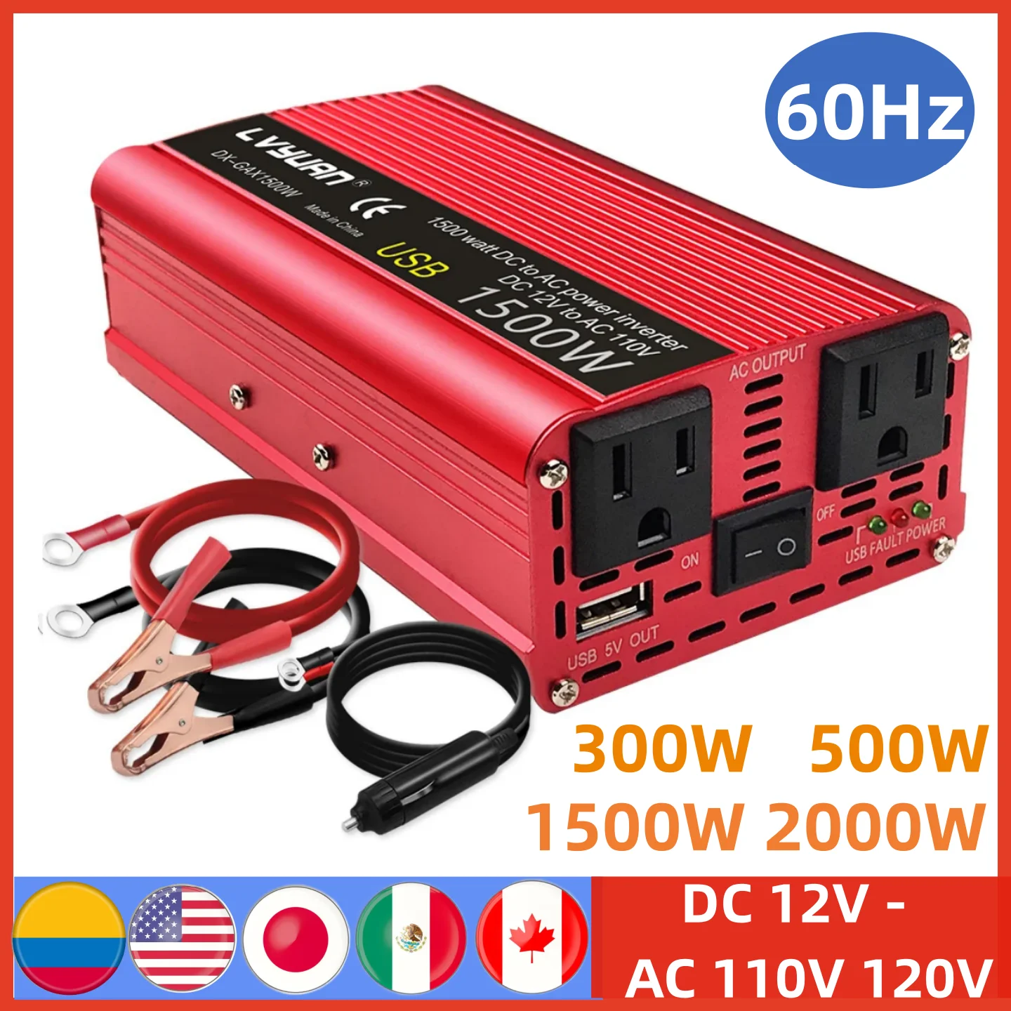 Inverter Dc 12V A Ac 110V 100V 120V 300W/500W/1500W/2000W Convertitore Di Tensione Trasformatore Us Presa Accendisigari Per Auto
