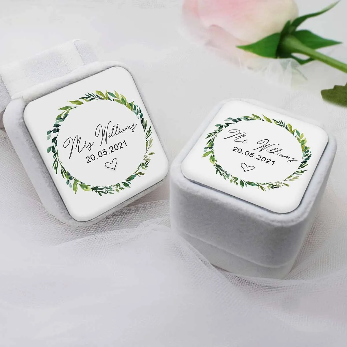 Personalized Wedding Ring Box Set Velvet Ring Box Engagement Box Ring Bearer Box Jewelry Holder Proposal Box Wreath Ring Box