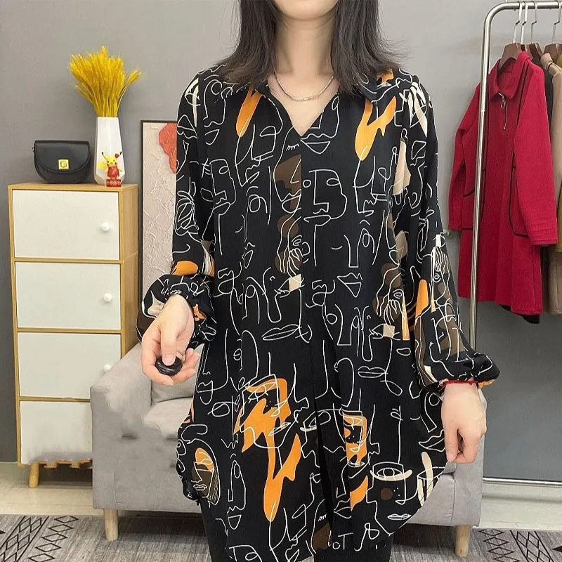 

Korean All-match Printing Long Sleeve Shirt Women's Clothing 2023 Spring Fashion Casual Pullovers Turn-down Collar Blouse Female