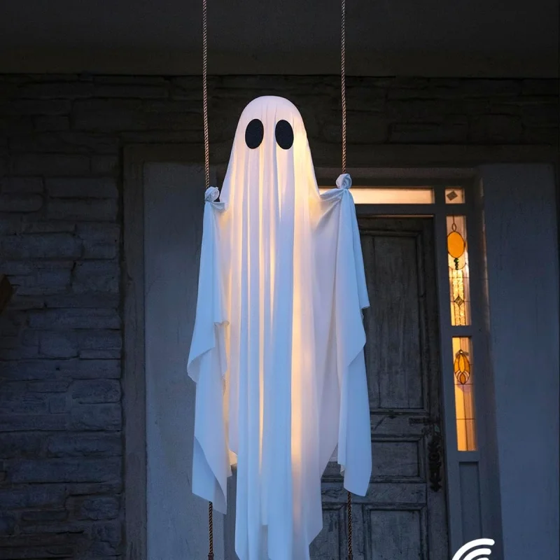 Halloween Large Hanging Swing Ghost Halloween Outdoor Decor with String Lights-Spooky Cute Ghosts Decor for Front Porch Yard Tre