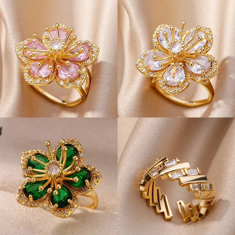 Pink Zircon Flower Rings for Women