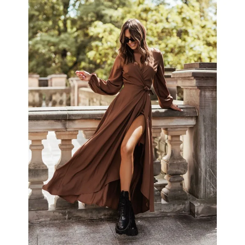 

Осенне-зимнее женское платье макси 2023, элегантное женское длинное платье с длинным рукавом, сексуальное однотонное платье, платья, повседневный свободный Сарафан