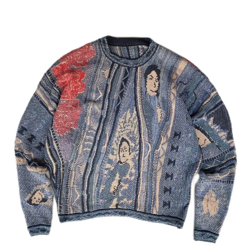 Vintage Kapital Japanese Knitted Sweater Men Ancient Heavy Industry Thick Retro Pullover Amekaji Unisex Knitted Sweater hombre 5