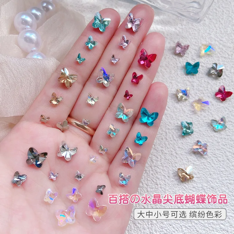 

50pcs Crystal Butterfly Nail Art Accessories Pointed Bottom Rhinestones Nail Art Decoration Supplies Colored Mini Bow Nail Parts