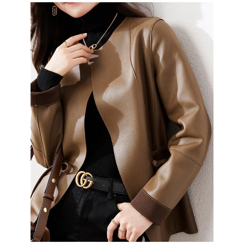 Women's Sheepskin Short Leather Coat with Drawstring Waist, Genuine Leather Slim Tops, Spring, Autumn women s genuine leather waistcoat lapel short vest sheepskin tops slim sleeveless vest short outer wear spring autumn