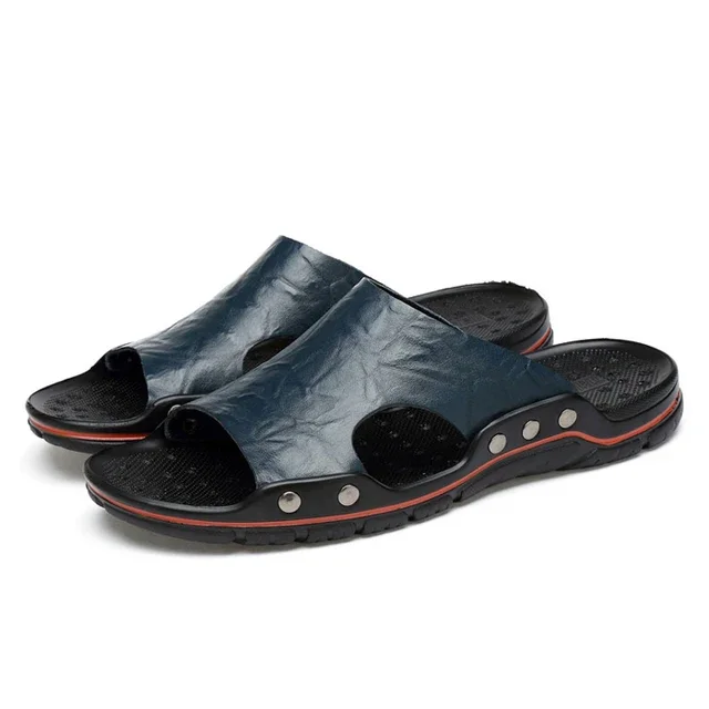 Men's Luxury Leather Sandals - Breathable Summer Beach & Indoor Slides