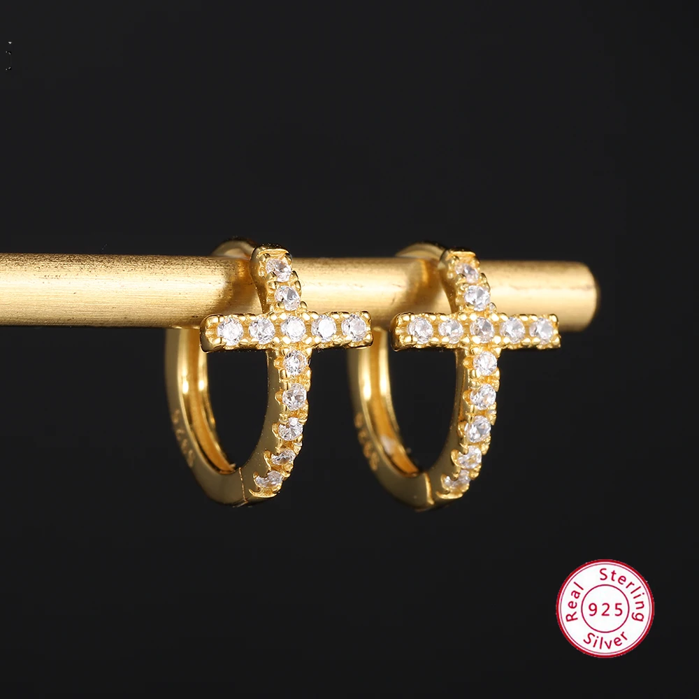 

Dowi Real 925 Silver Crystal CZ Cross Hoop Earrings Fine Jewelry Gold Color Plated for Women Trend Ear Ring Wholesales