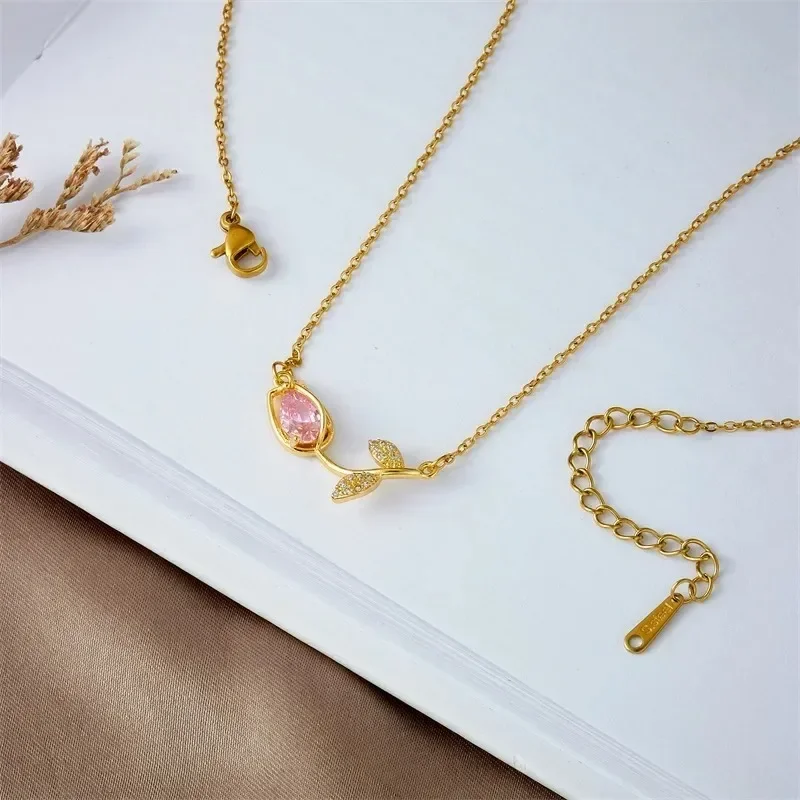 Elegant Colorful Zircon Tulip Flower Pendant Necklaces for Women Stainless Steel Chain Daily Jewelry Accessories Gifts