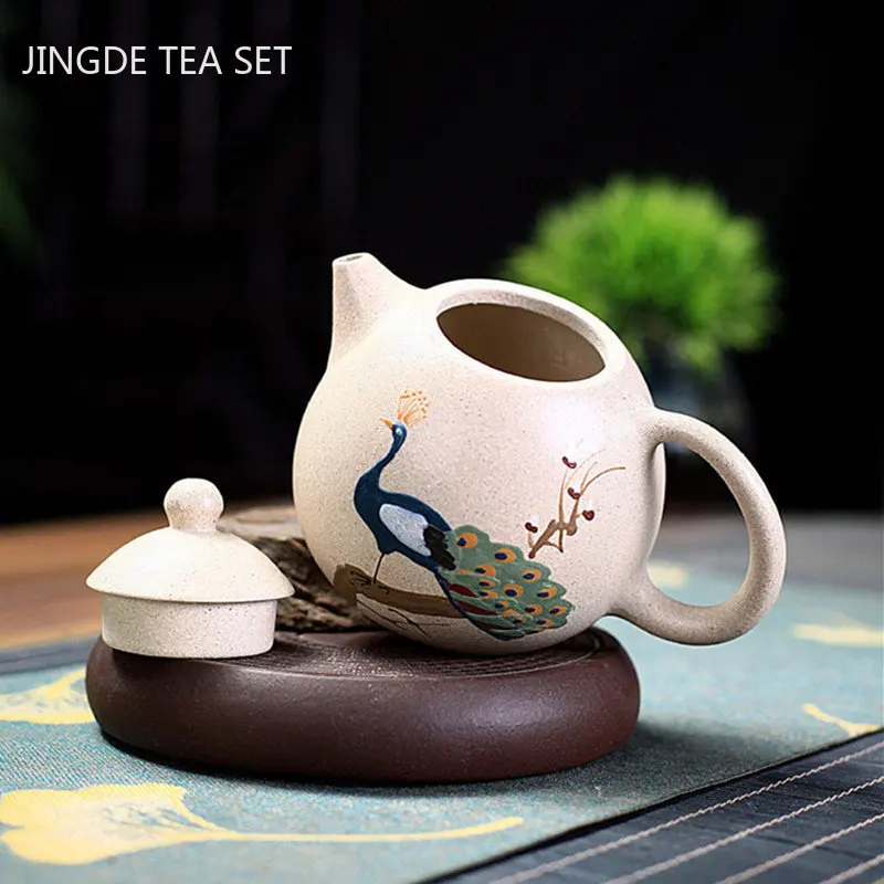 Handpainted Peacock Dragon Egg Teapot Yixing Purple Clay Tea Pot Raw Ore White Mud Ball Hole Filter Kettle Zisha Tea Set 220ml