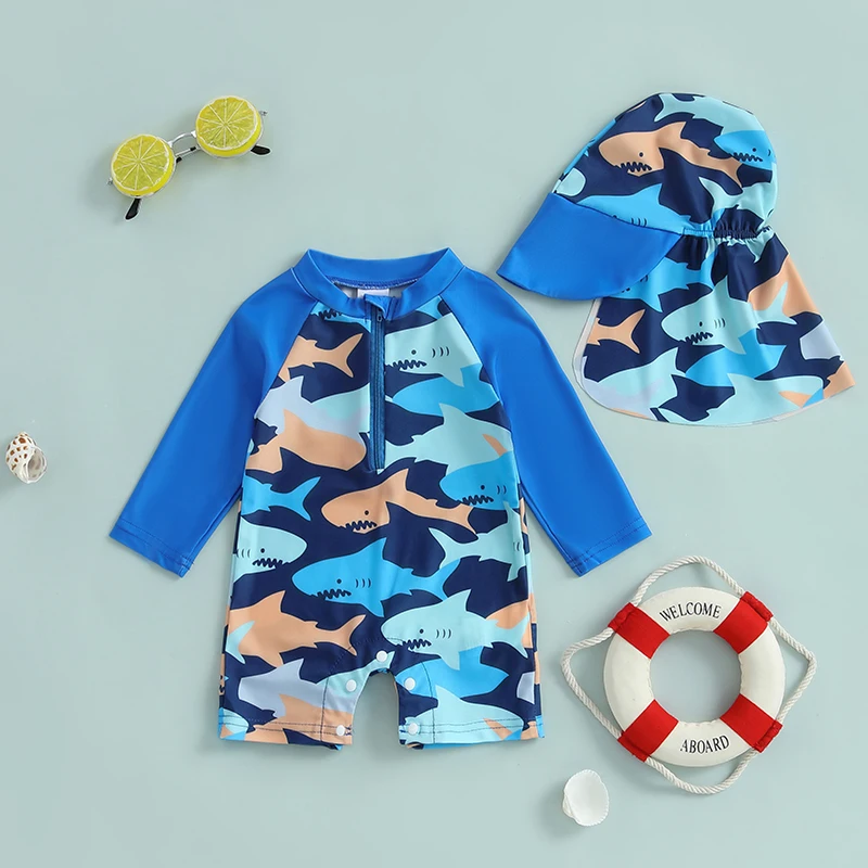Lioraitiin Toddler Girls Boys Rash Guard Swimsuit Playsuits Long Sleeve Daisy/Shark Print Kids Bathing Suit with Swim Cap