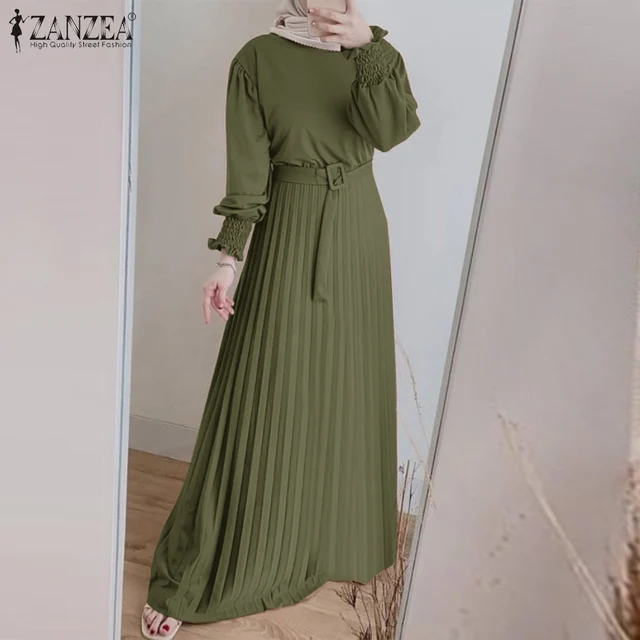  - ZANZEA Fashion Muslim Dress Women Long Sleeve Abaya Dresses Islam Dubai Turkey Hijab Clothes Belted Tiered Pleated Maxi Dress