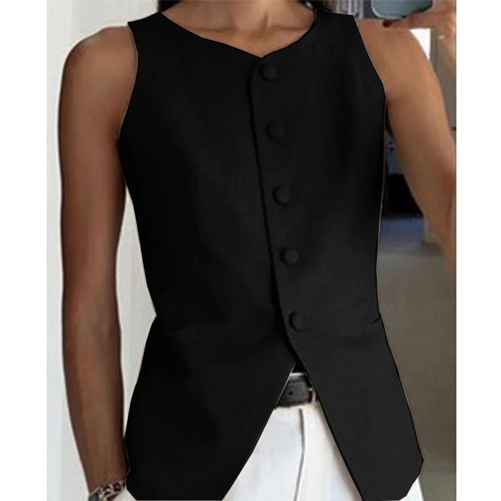 Dress Vests Womens Vests Top O-Neck Sleeveless Single-Breasted Soft And Comfortable Fashion Female Gilet For Casual Daily Suit Vest Top