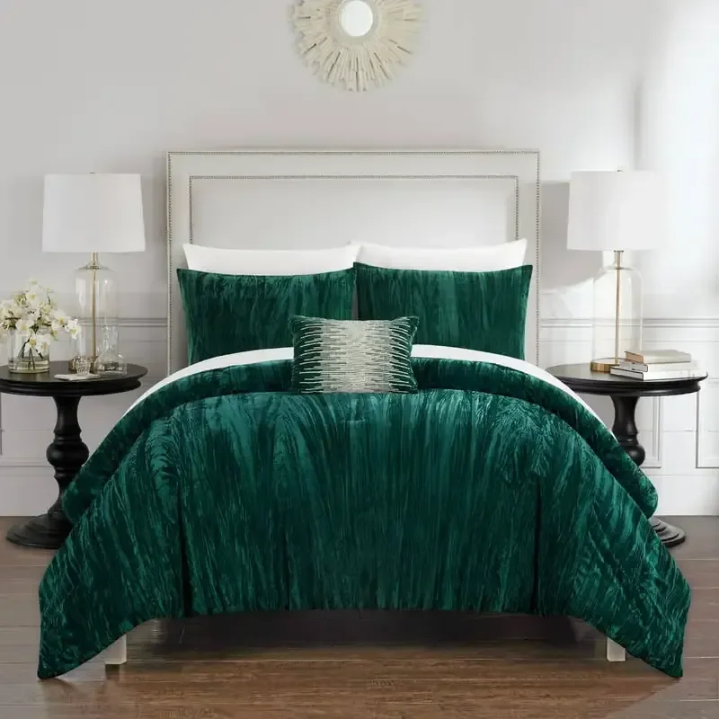 

Hot Sales High Quality Kerk 4-Piece Novelty Crinkle Crushed Velvet Heathered Comforter Set,, Green For Adults