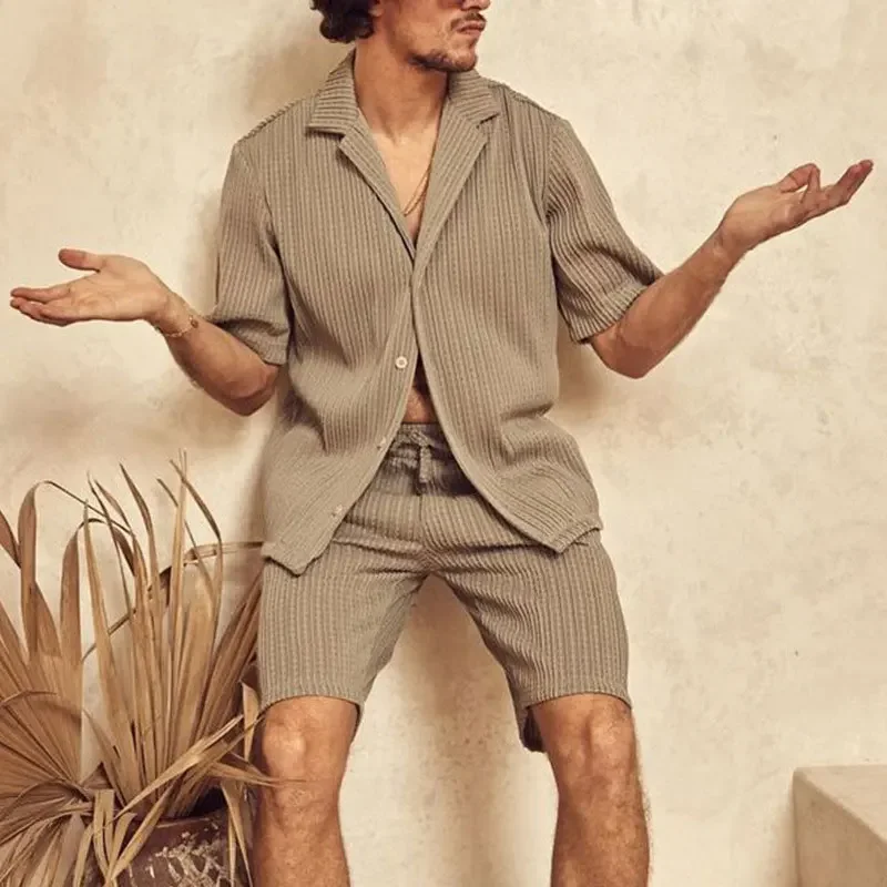 

Men's Striped Solid Set Summer Short Sleeve Lapel Button Shirt and Shorts Streetwear Men's Clothing Suit