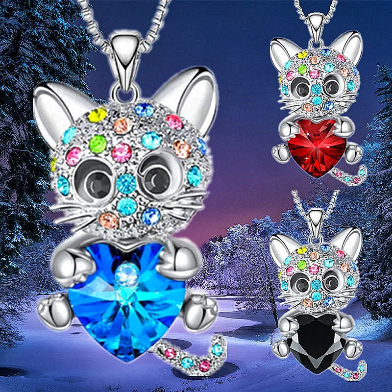 Fashion Cute Cuddly Cat Necklace Heart Zircon Animal Cat Pendant