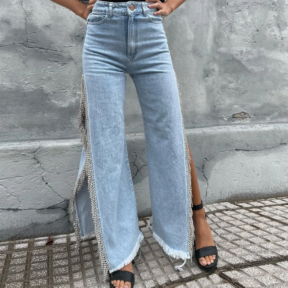 

Zoctuo Women Denim Pants High Side Split Trim Tassel Trousers Streetwear 2023 New Fashion Wide Leg High Waisted Black Jeans Pant