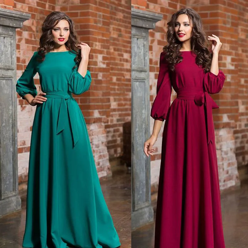 

New Fashion Women Muslim Dress Female Long Sleeve Casual Dresses Ladies Elegant Maxi Robe Abaya Jalabiya Islamic Vintage Dresses