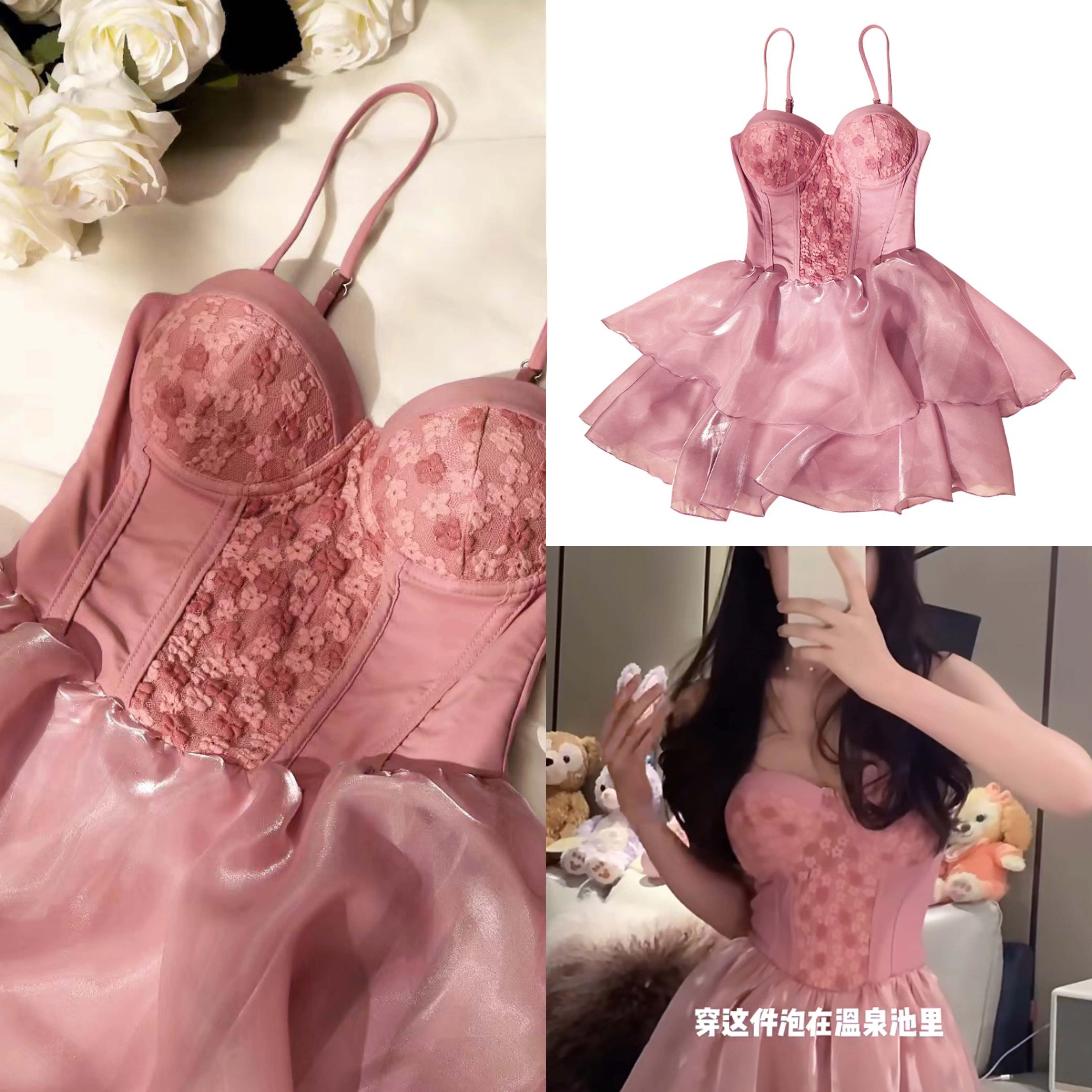 Sweet Pink Lace Puff Sleeve High Waist Dress Hot Spring Bathing Suit Female 2024 Summer Conservative One-Piece Swimsuit Women