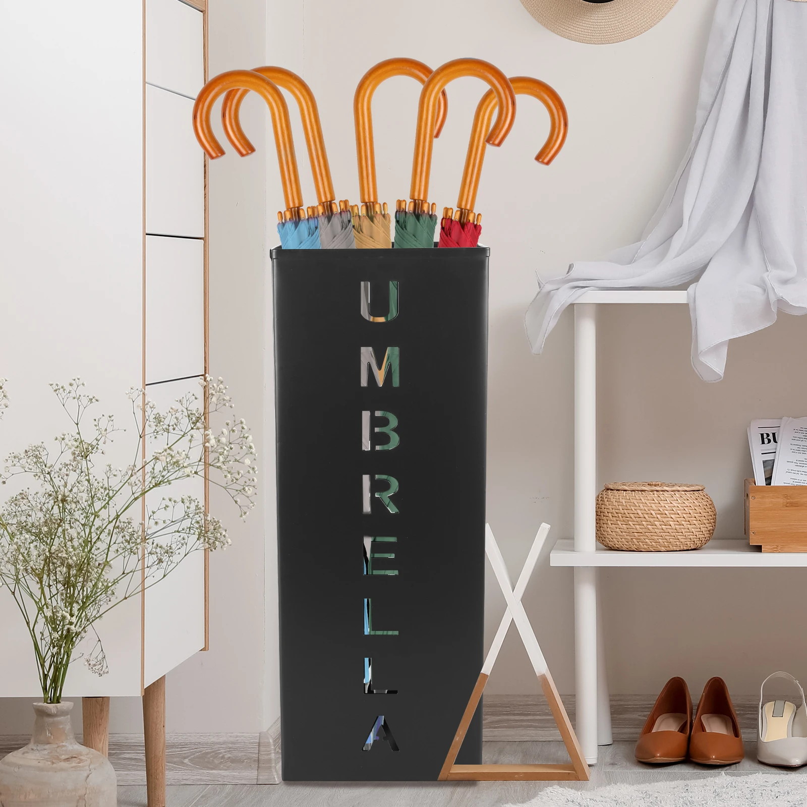 Metal Umbrella Stand Square Free Standing Umbrella Rack Decorative Holder Bin Multipurpose Walking Sticks Holder Home