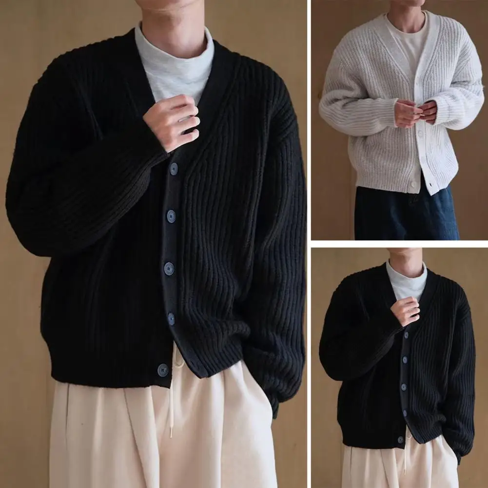 

Solid Color Sweater Men's Thick Knitted V Neck Cardigan Sweater Coat for Winter Fall Single-breasted Buttons Long Sleeve Solid