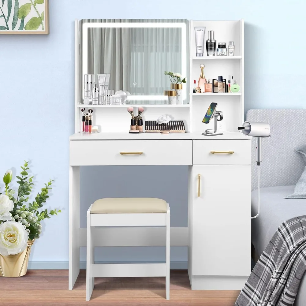

QUALIKRAFT Set, Vanity Desk with Mirror and Lights, Vanity Desk with Drawers, Vanity with Charging Station
