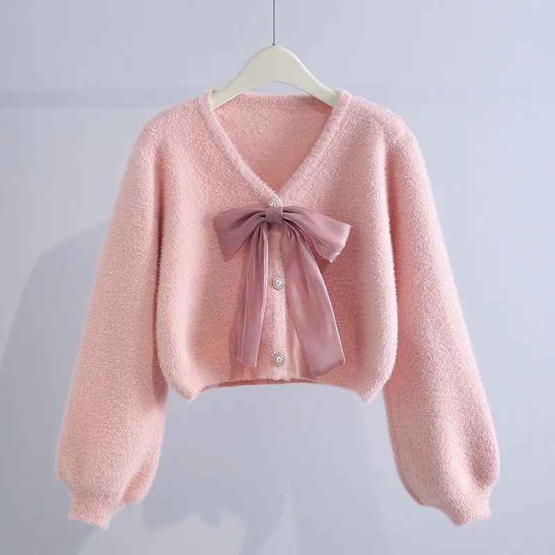 

Short Imitation Mink Down Sweater Jacket Women's Fall/winter 2023 New Loose Bow Knitted Cardigan