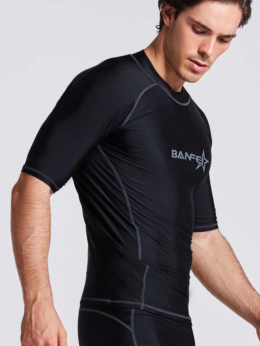 BanFei Quick Dry Diving Skin Suit Surfing Beach Swimsuit Men Rash guard Short Sleeve Swimwear Top T-shirt Swimming Surf Wetsuit diving suits