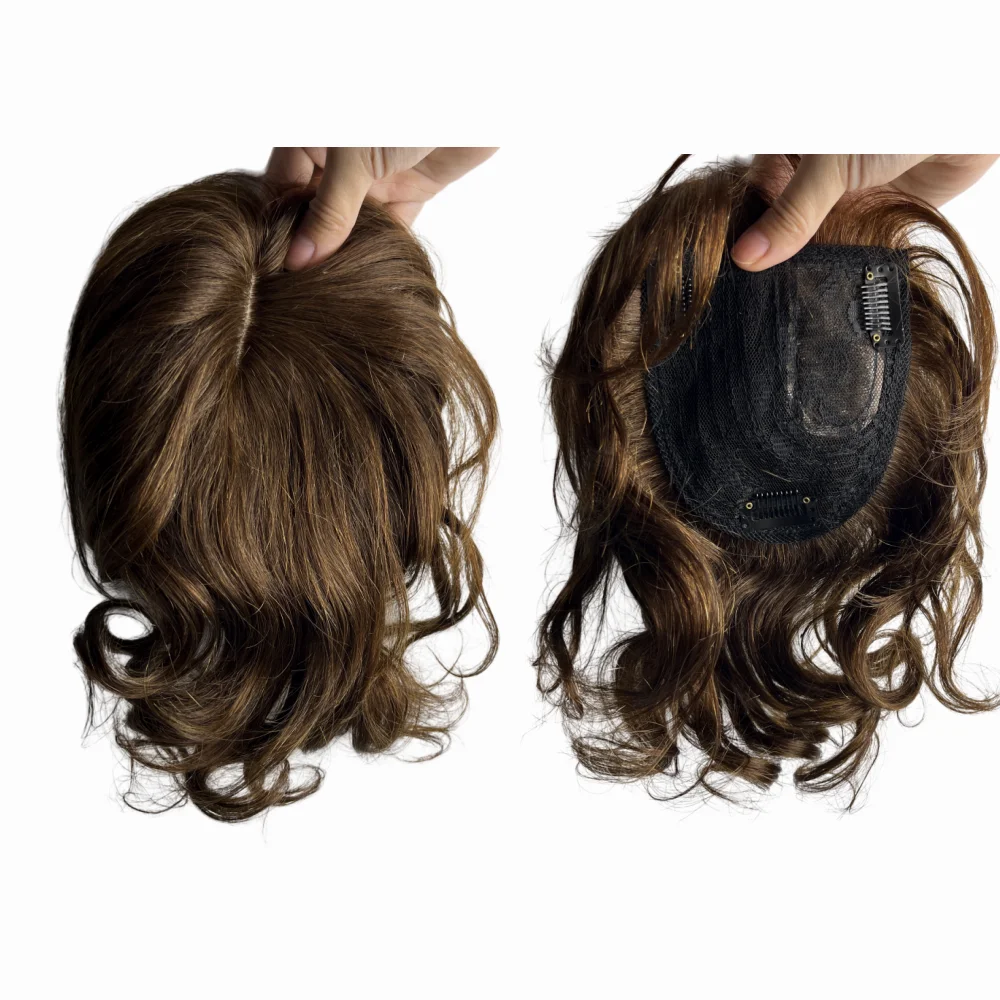 Human Hair Toppers for Women Mom Clip In Human Hairpieces Volume Body Wave Curly Fringe Hair Brazilian Non-Remy Machine 10x12cm