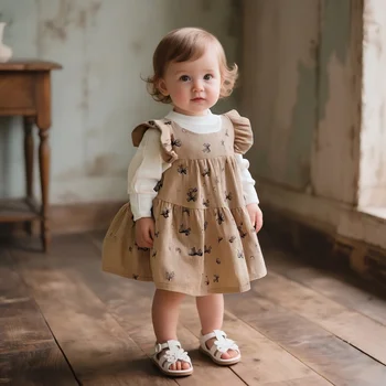 Girl Dresses Autumn New Long Sleeved Toddler Dress Striped Bow Print Imitating Two Pieces Ruffle Edges Girl Clothes