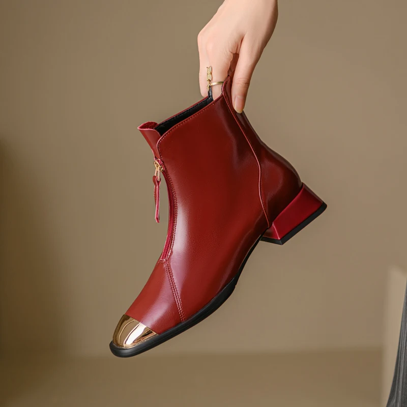 

2023 new Autumn winter Women ankle boots natural leather 22-25cm cowhide upper modern boots front zip metal toe short boots