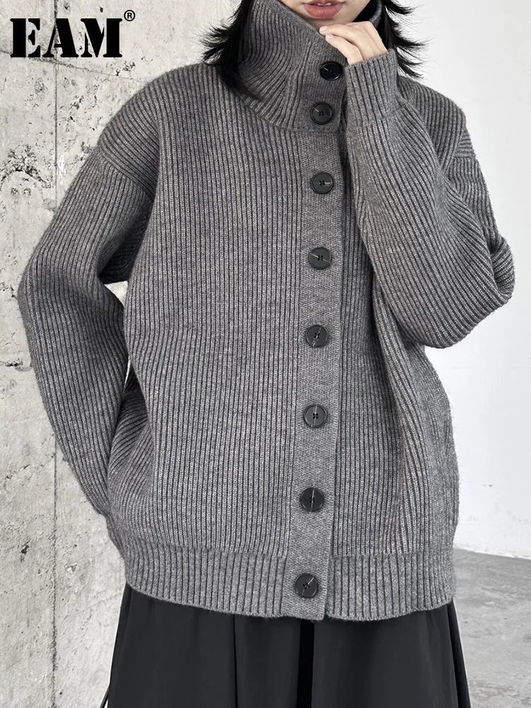 

[EAM] Gray Big Size Knitting Cardigan Sweater Loose Fit Turtleneck Long Sleeve Women New Fashion Tide Spring Autumn 2024 1DH2451