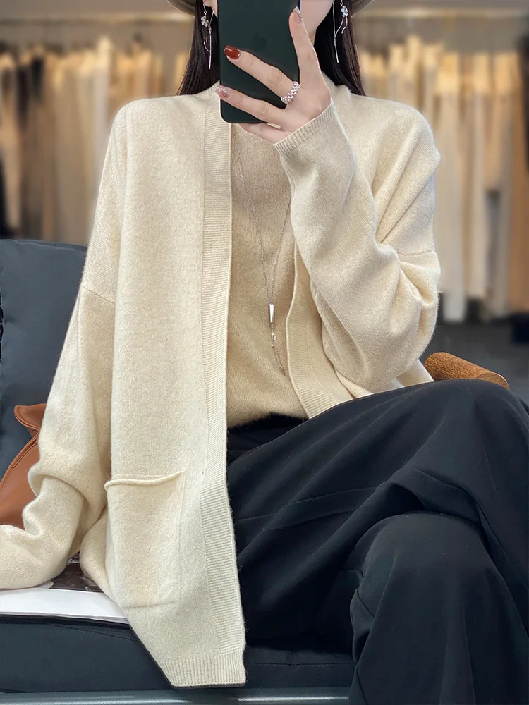 여성용 울 가디건, 오픈 스티치 니트 스웨터, Mujer 긴팔 상의, 포켓 니트웨어, 한국 패션, 아우터, 신상