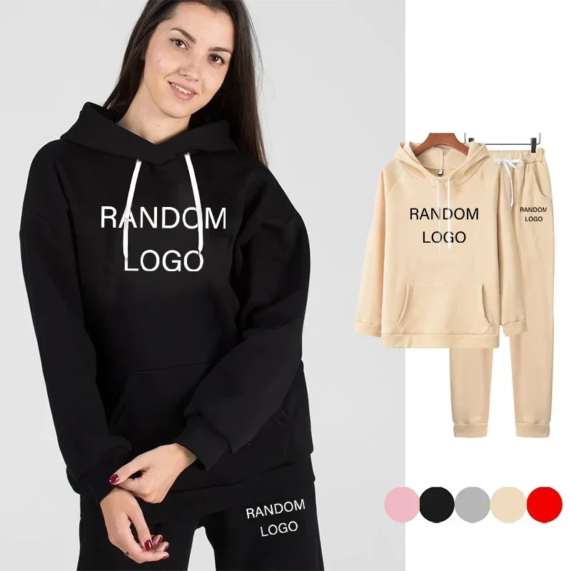 

Autumn and Winter Women Warm Pullover Sets Random Logo Printed Solid Color Hooded Sweatshirt+ Pants 2PCS Woman Daily Home Wear