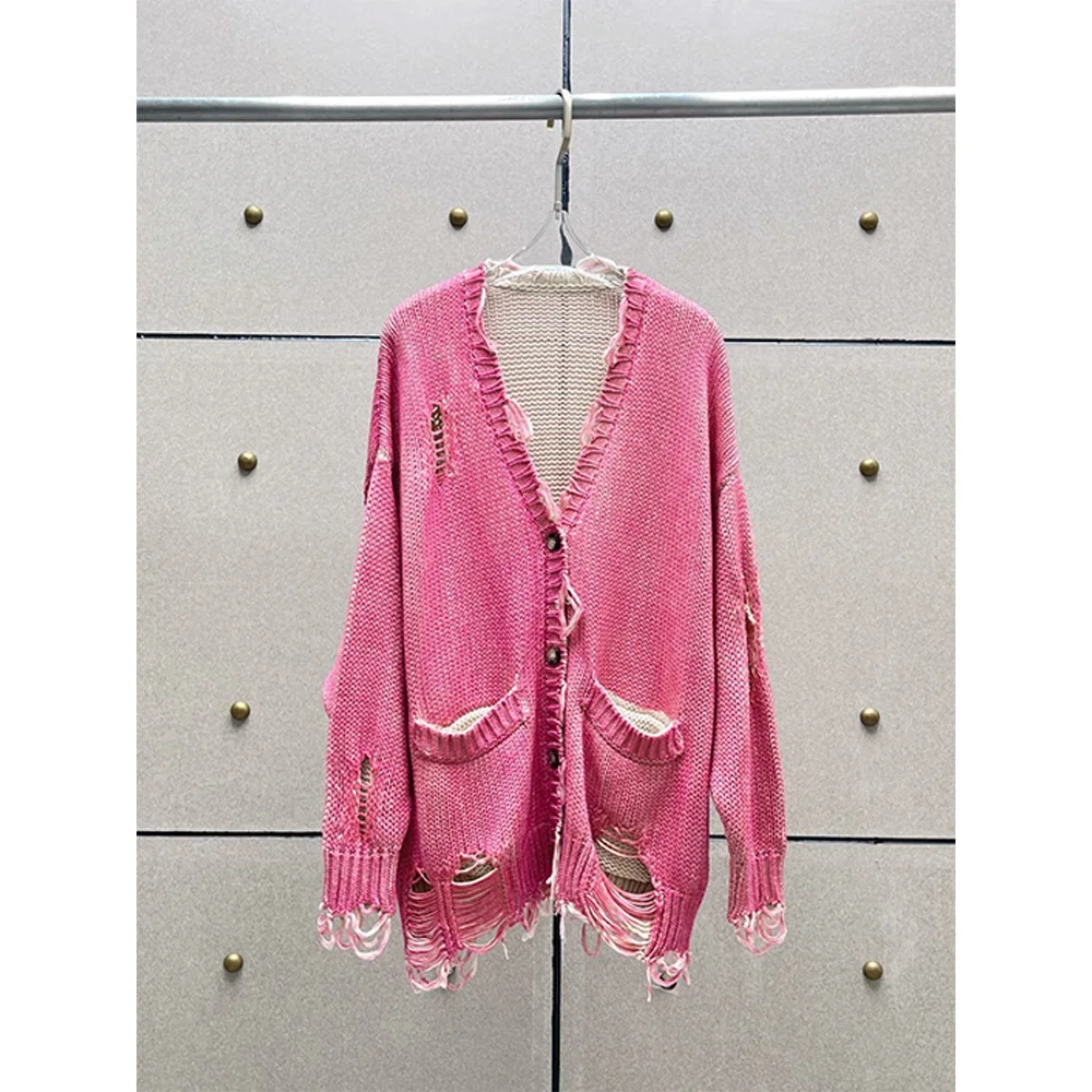 하이 퀄리티 여성용 Y2K 깨진 구멍 디자인 가디건, 긴팔 니트 스웨터, 캐쥬얼 다용도 인타이드, 가을 및 겨울, 신상