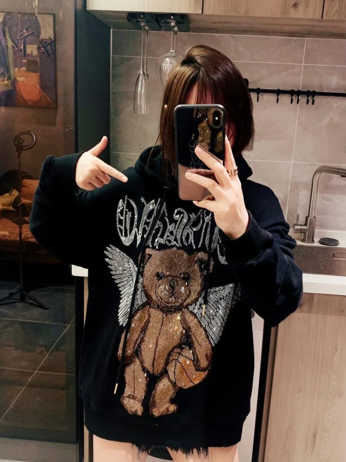 2022 Autumn Winter New Bear Rhinestone Loose Street Tide Brand