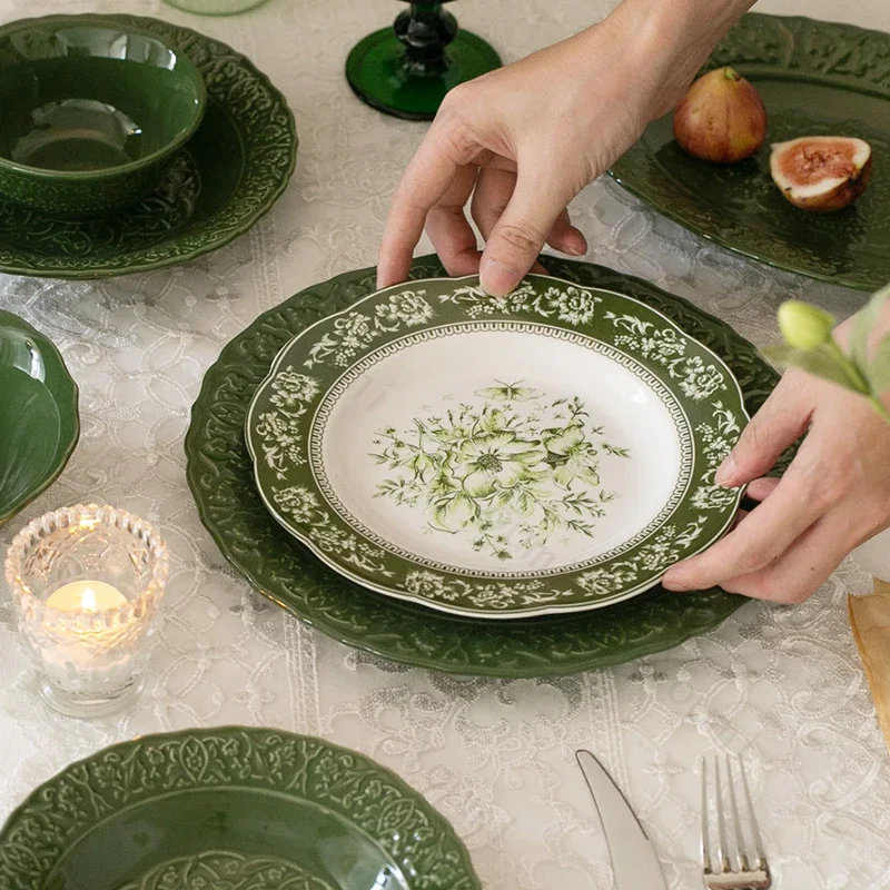 Vintage Relief Ceramic Plate Green Creative Flower Dining Plates Household Delicious Dishes Trays Exquisite Soup Bowls Tableware