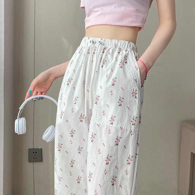 

Women Pants Loose Casual Elastic Waist Pleated Draped Straight Female Trousers Wide Legs Spring Autumn 2024 Print