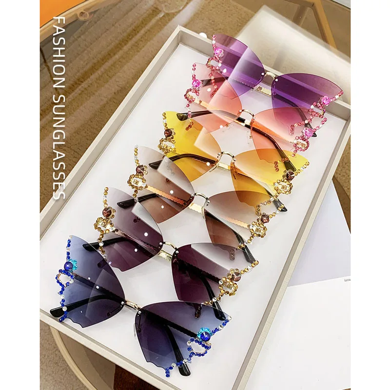 Diamond Butterfly Sunglasses Oversized Rimless Ladies Eyewear_voghion.com