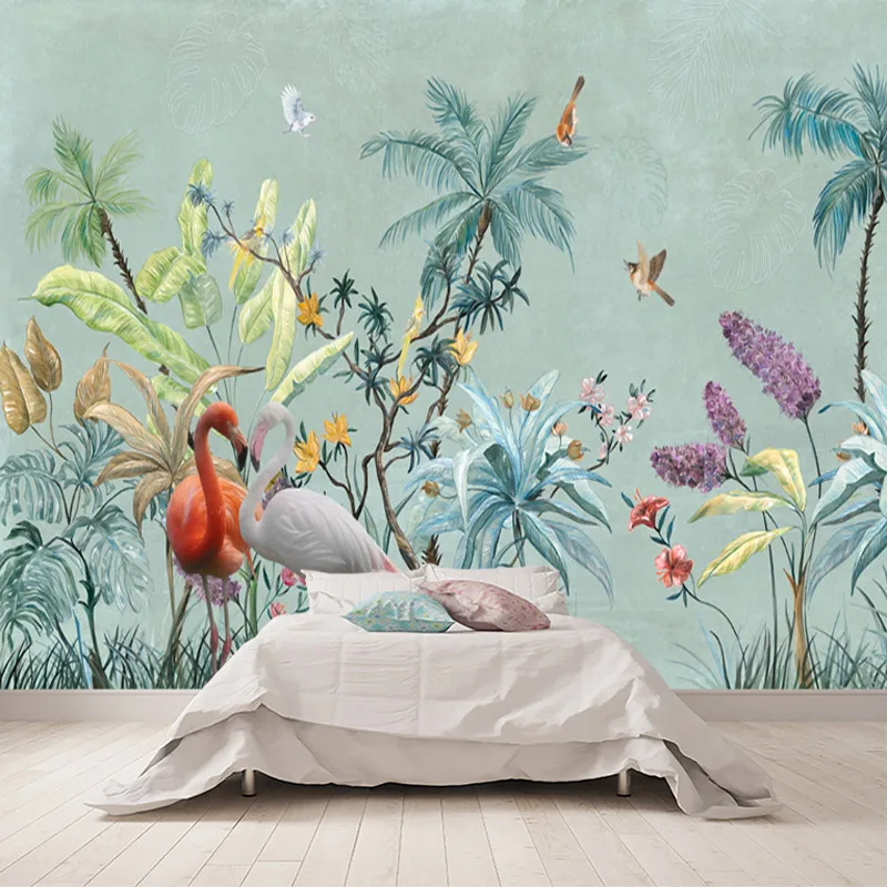 Papel pintado con foto 3D personalizado, cuadro de pared moderno de bosque  Tropical, hoja, Animal, flamenco, Mural de fondo de TV para sala de estar -  AliExpress