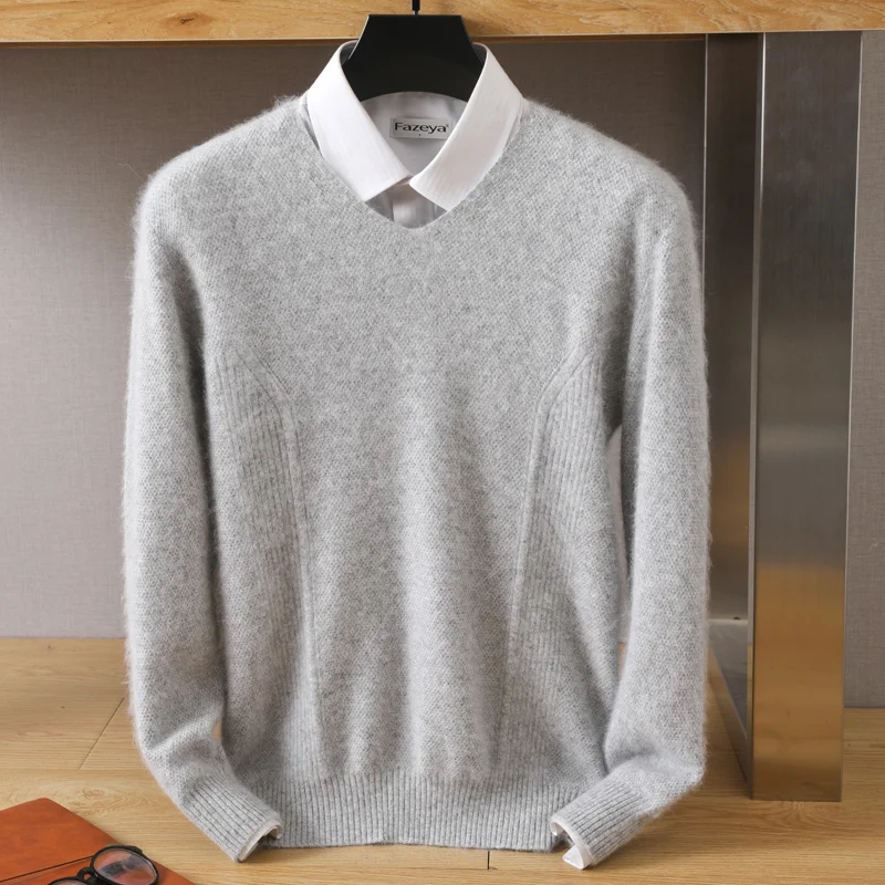 

Men's Pullover Spring/Autumn New Solid Color V-neck Knit Overside Casual Loose 100% Mink Cashmere Sweater Thickened Men's Tops