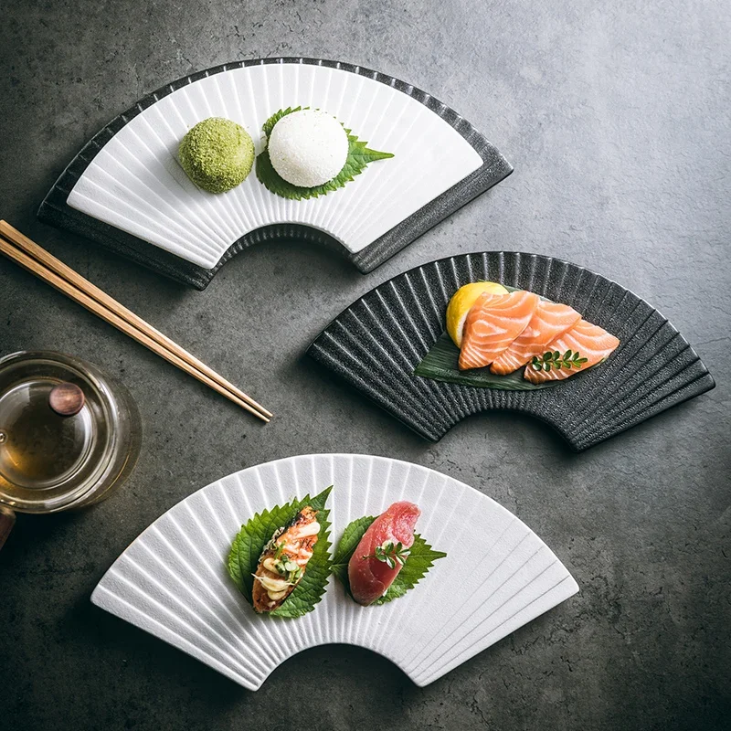 Ceramic Frosted Fan Japanese Sushi Dinner Set Plates Dishes Tableware Kitchen Bar Supplies